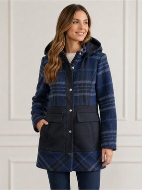 Guess Plaid Wool Blend Winter Coat Medium Blue Black Hooded Mid Length Academia